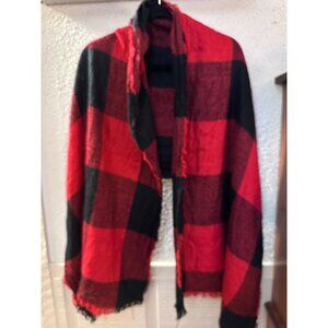 Buffalo Plaid Red & Black Fringe Open Front Wrap Scarf Shawl One Size Mixit